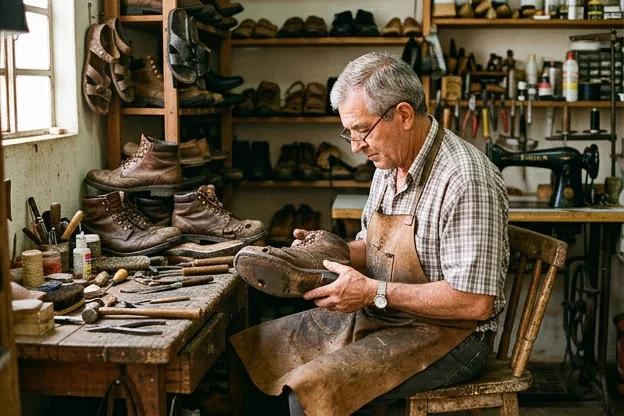 Sapateiro analisando calçados desgastados para reforma.