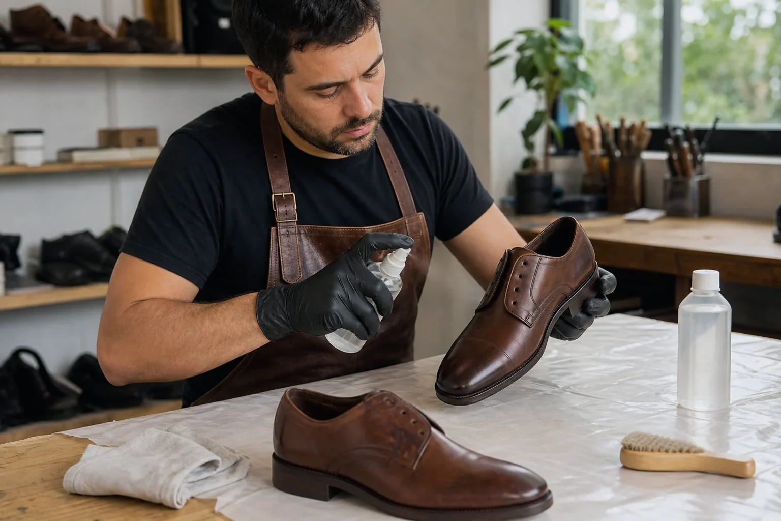 Sapateiro aplicando impermeabilizante em botas.