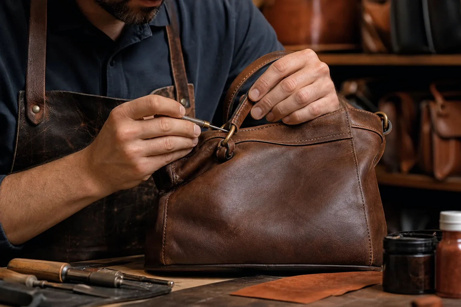 Sapateiro reformando bolsa de couro.