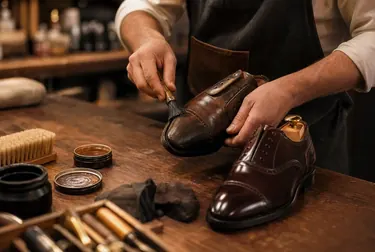 Sapateiro reformando sapatos sociais com cuidado e atenção.