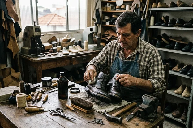 Sapatos sendo impermeabilizados por um sapateiro.